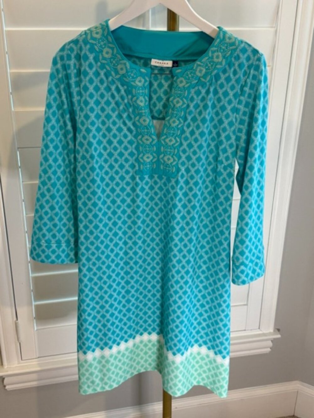 Cabana Life L Turquoise Embroidered 3/4 Sleeve Resort Shift Dress